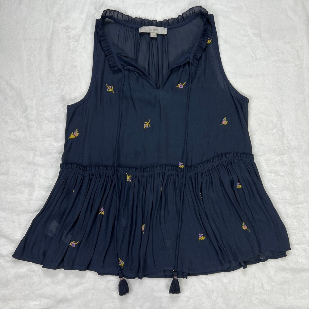 Loft Sheer Tank Top V Neck Navy Tiered Ruffle Floral Embroidery Flowy Womens S